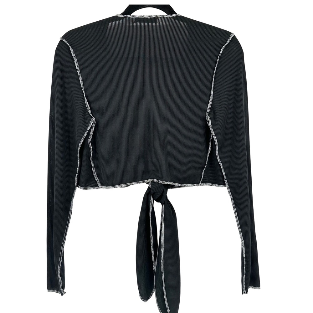 Boohoo Black Tie Front Crop Top Shrug‎ Ribbed Stitch Detail Long Sleeve Size 8